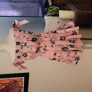 Misa Los Angeles Pink Off-Shoulder Mini Dress Arm Cuffs W Bow Elastic Waist